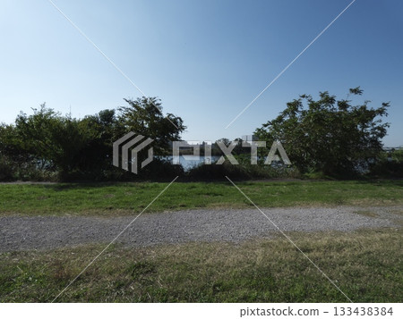 在藍天之下，透過摩川河床上碎石路和樹木之間的縫隙，可以看到河面。 133438384