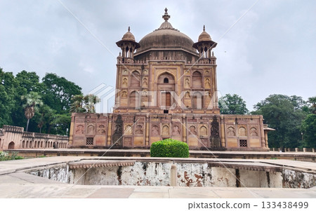 Nithar Begum tomb in Khusro Bagh, Prayagraj showcasing Mughal-era architecture with domed structure, ornamental arches, and red sandstone, Indian heritage monument, 133438499