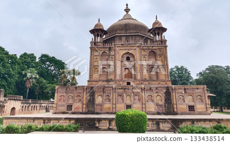 Nithar Begum tomb in Khusro Bagh, Prayagraj showcasing Mughal-era architecture with domed structure, ornamental arches, and red sandstone, Indian heritage monument, 133438514