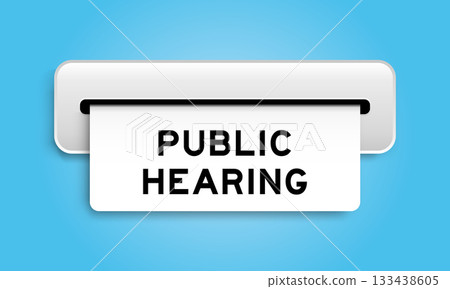 White coupon banner with word public hearing from machine on blue color background White coupon banner with word public hearing from machine on blue color background 133438605