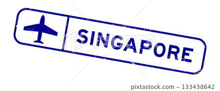 Grunge blue singapore word with plane icon square rubber seal stamp on white background 133438642