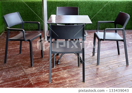 Chair and table in a city cafe on the seafront in Tel Aviv. 133439043