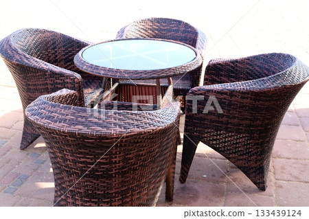 Chair and table in a city cafe on the seafront in Tel Aviv. 133439124