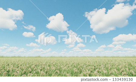 A lush green rice paddy field under clear blue sky. nature background. AI Generated. A lush green rice paddy field under clear blue sky. nature background. AI Generated. 133439130