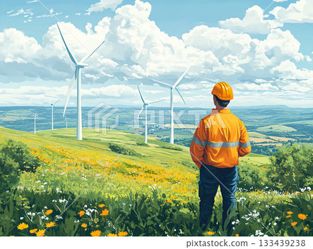 Clean energy innovation. Engineer in wind power industry. Watercolor style. AI Generated. Clean energy innovation. Engineer in wind power industry. Watercolor style. AI Generated. 133439238