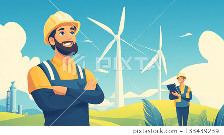 Clean energy innovation. Engineer in wind power industry. Digital illustration style. AI Generated. 133439239