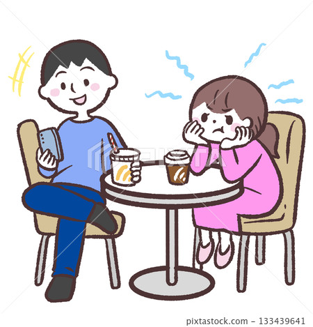 插圖描繪了一位女士因男士低頭看智慧型手機而感到惱火的情景。 133439641