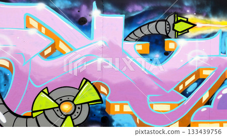 Colorful background of graffiti painting artwork with bright aerosol outlines on wall. Old school street art piece made with aerosol spray paint cans. Contemporary youth culture backdrop 133439756