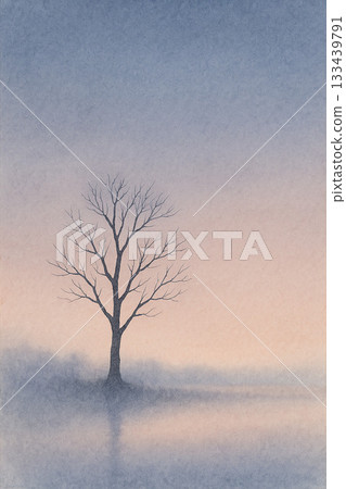 Dead Tree Series: Japanese-style illustration of a dead tree silhouette floating in the twilight sky 133439791
