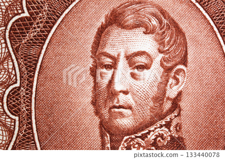Jose de San Martin a closeup portrait from old Argentine money 133440078