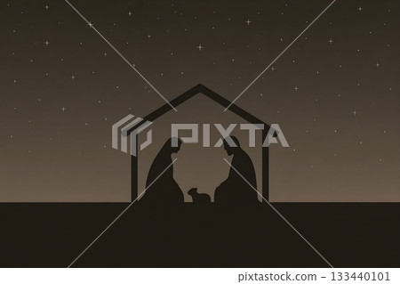 Minimal nativity silhouette in a stable under a starry night sky Mary and Joseph beside the newborn in a manger Minimal nativity silhouette in a stable under a starry night sky Mary and Joseph beside the newborn in a manger 133440101