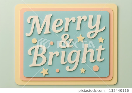 Retro pastel Christmas quote Merry Bright with stars and dots on layered rounded rectangles 133440116