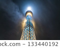Tokyo Skytree shrouded in rain clouds in Sumida Ward, Tokyo 133440192