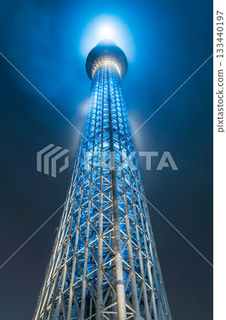 Tokyo Skytree shrouded in rain clouds in Sumida Ward, Tokyo 133440197