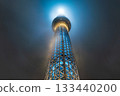 Tokyo Skytree shrouded in rain clouds in Sumida Ward, Tokyo 133440200