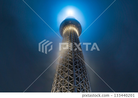 Tokyo Skytree shrouded in rain clouds in Sumida Ward, Tokyo 133440201