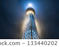 Tokyo Skytree shrouded in rain clouds in Sumida Ward, Tokyo 133440202