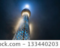 Tokyo Skytree shrouded in rain clouds in Sumida Ward, Tokyo 133440203