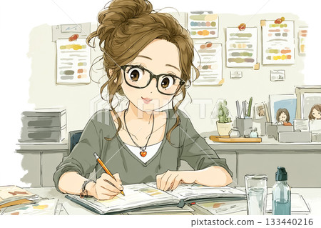 Miyu series: Miyu is studying at her desk with her nursing textbook open 133440216