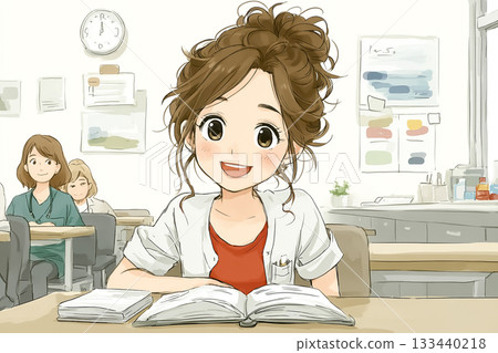 Miyu series: Miyu is studying at her desk with her nursing textbook open Miyu series: Miyu is studying at her desk with her nursing textbook open 133440218