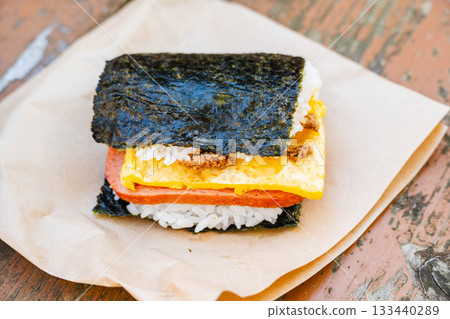 Pork and egg eaten outdoors 133440289