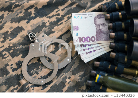 Ukrainian army machine gun belt shells, handcuffs and bunch of hryvnia bills on military uniform. Concept of bribery and war crimes during war in Ukraine Ukrainian army machine gun belt shells, handcuffs and bunch of hryvnia bills on military uniform. Concept of bribery and war crimes during war in Ukraine 133440326