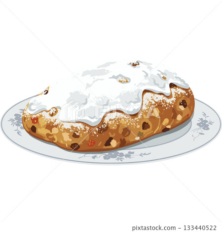 一張德國聖誕蛋糕（Stollen）的向量圖標，蛋糕表面撒有糖粉。 133440522