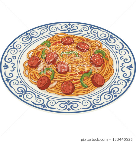 Vector icon of Neapolitan spaghetti with sausage served on a blue patterned plate 133440525