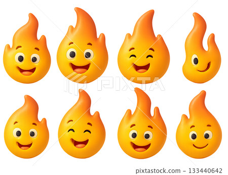 Png set of cute cartoon flame characters with expressive faces isolated on transparent background. concept of playful fire emojis, fun kids decor, burning shaped icons 133440642