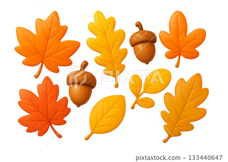 Png set of autumn leaves and acorns in vibrant colors isolated on transparent background. concept of fall season decor, nature elements, botanical illustration. Png set of autumn leaves and acorns in vibrant colors isolated on transparent background. concept of fall season decor, nature elements, botanical illustration. 133440647