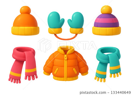 Png set of colorful children's winter clothing including hats, mittens, jackets, and scarves isolated on transparent background. concept of kids winter fashion, warm apparel, cozy accessories. 133440649