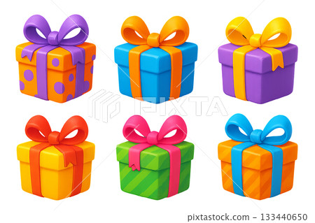 Png set of colorful gift boxes with bows isolated on transparent background. concept of festive presents, holiday decor, party gift wrapping, celebration elements. 133440650