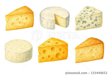 Png set of assorted cheese varieties in watercolor illustration isolated on transparent background. concept of dairy food, gourmet selection, artisanal cheese design elements. Png set of assorted cheese varieties in watercolor illustration isolated on transparent background. concept of dairy food, gourmet selection, artisanal cheese design elements. 133440652