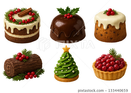 Png set of festive christmas cakes with berries and holly isolated on transparent background. concept of holiday desserts, winter treats, seasonal baked goods, celebration decor 133440659