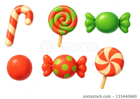 Png set of colorful christmas candies with stripes and swirls isolated on transparent background. concept of holiday sweets, festive treats, candy decor, seasonal design elements 133440660