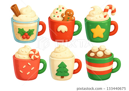 Png set of christmas milk drinks with festive decorations isolated on transparent background. concept of holiday beverages, winter treats, seasonal hot chocolate, cheerful mugs 133440675