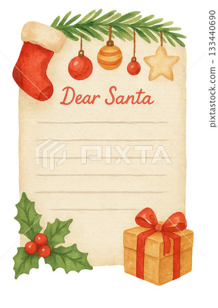 Png watercolor christmas letter template with festive decorations isolated on transparent background. concept of holiday stationery, santa claus wish list, seasonal greeting card design 133440690