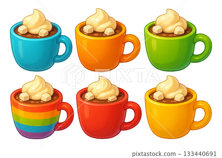 Png set of colorful mugs with whipped cream and marshmallows isolated on transparent background. concept of cozy drinks, dessert illustrations, cute hot chocolate designs 133440691