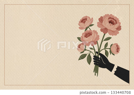 Horizontal vintage floral layout with peony bouquet and retro midcentury frame Horizontal vintage floral layout with peony bouquet and retro midcentury frame 133440708