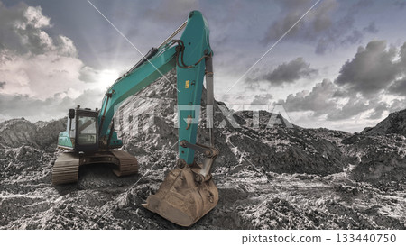 An excavator operates on a rocky surface under a cloudy sky, showcasing the power of machinery in construction activities on a rugged terrain 133440750