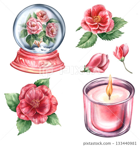 Winter camellia watercolor pink floral set with snow globe and candle Christmas botanical clipart snow globe candle cozy botanical illustration set Perfect festive cards invitations holiday packaging. Winter camellia watercolor pink floral set with snow globe and candle Christmas botanical clipart snow globe candle cozy botanical illustration set Perfect festive cards invitations holiday packaging. 133440981