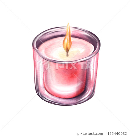 Watercolor candle in a glass. Pink light with rose fragrance. Spa and cosmetic products isolated on white background. Realistic illustration for beauty salon and Wellness center. Watercolor candle in a glass. Pink light with rose fragrance. Spa and cosmetic products isolated on white background. Realistic illustration for beauty salon and Wellness center. 133440982