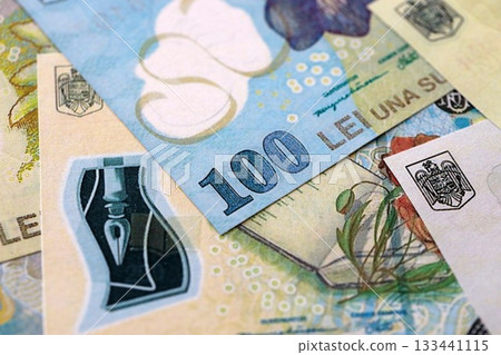 Romanian Leu currency money bills. RON currency banknotes in big amount with different denomination close up 133441115