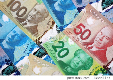 Canadian Dollar currency money bills. CAD currency banknotes in big bunch with different denomination close up Canadian Dollar currency money bills. CAD currency banknotes in big bunch with different denomination close up 133441163