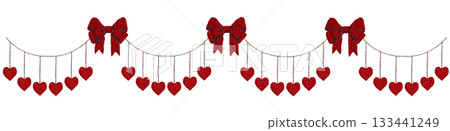[Heart and ribbon garland] Hand embroidery illustration material 133441249