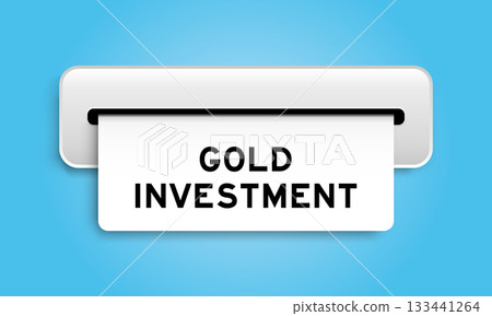 White coupon banner with word gold investment from machine on blue color background White coupon banner with word gold investment from machine on blue color background 133441264