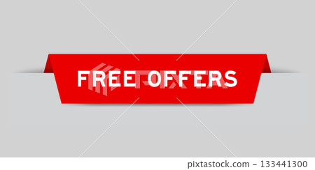 Red color inserted label with word free offers on gray background 133441300