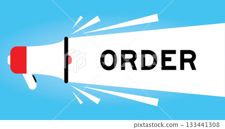 Color megaphone icon with word order in white banner on blue background Color megaphone icon with word order in white banner on blue background 133441308