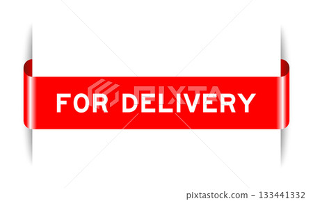 Red color inserted label banner with word for delivery on white background 133441332