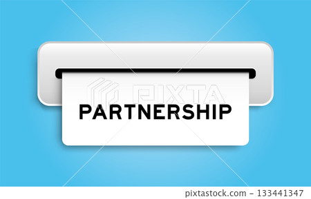 White coupon banner with word partnership from machine on blue color background White coupon banner with word partnership from machine on blue color background 133441347